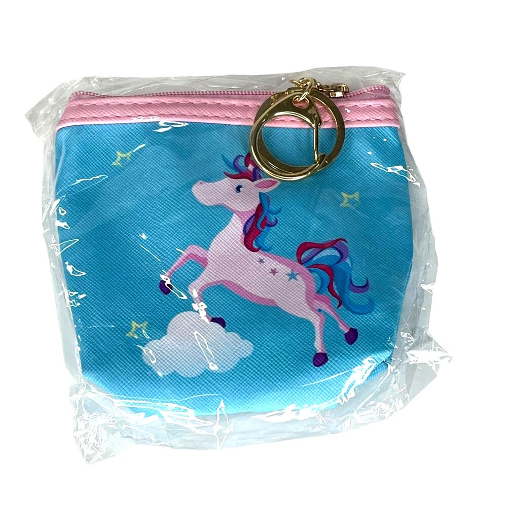 Girls Unicorn Coin Purch Charm Key Ring White Horse Blue Zip Bag Pouch Keychain - Picture 4 of 5